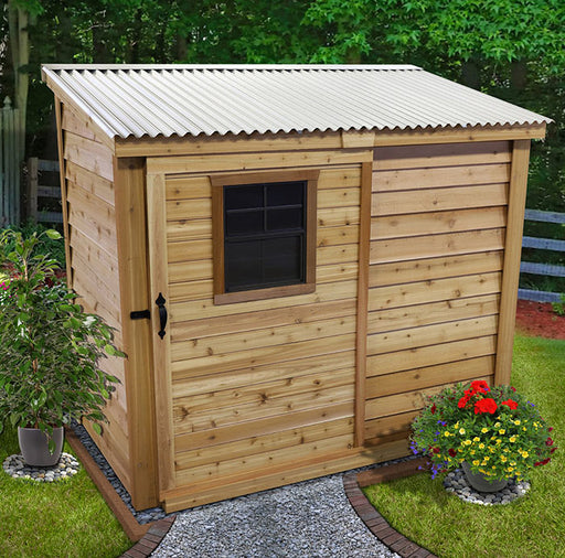 Outdoor Living Today cedar SpaceSaver 8x4 shed with sliding door on garden path