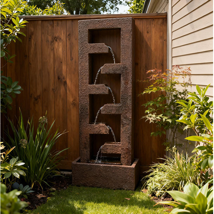 Vertical backyard cascade water fountain in textured rust finish, positioned near wooden fence and landscaped garden plants