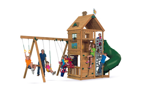 Kids enjoying outdoor fun on Playstar Legacy Gold Playset featuring swing set, climbing wall, and spiral tube slide