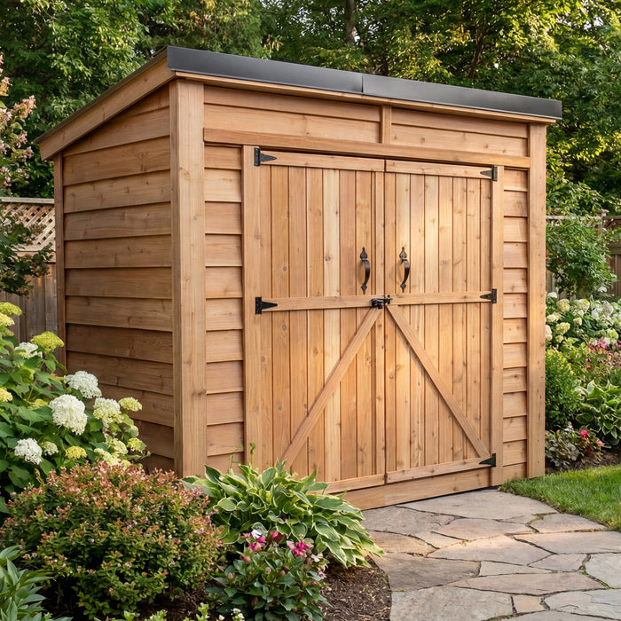 Lush backyard garden with hydrangeas and a stone path leading to a cedar SpaceSaver 8x4 shed by Outdoor Living Today with double doors