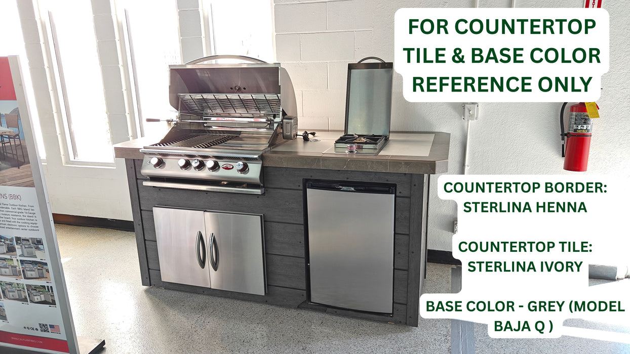 Outdoor kitchen BBK-820 Cal Flame 8 ft L-Shaped with Sterlina Ivory countertop, Henna border, grey base, grill, and fridge for backyard parties.