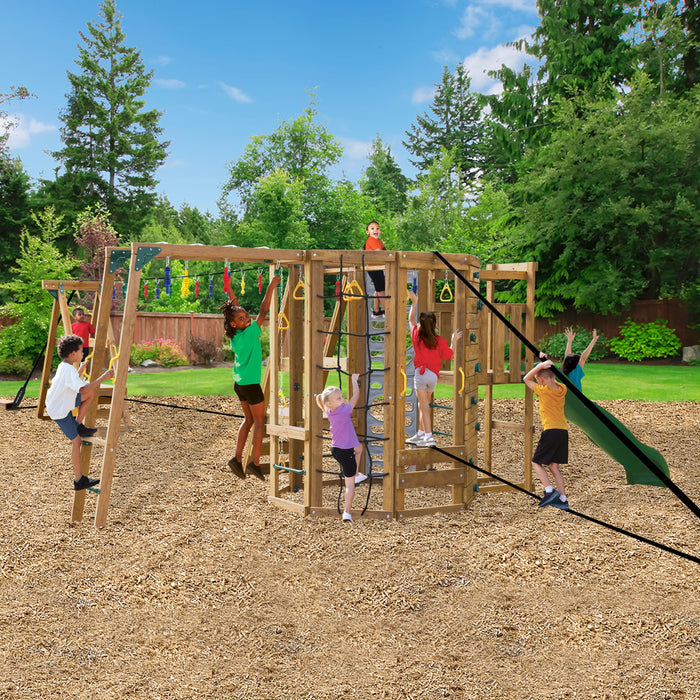 Outdoor view of the Ninja Power Tower Silver playset with kids enjoying active backyard fun