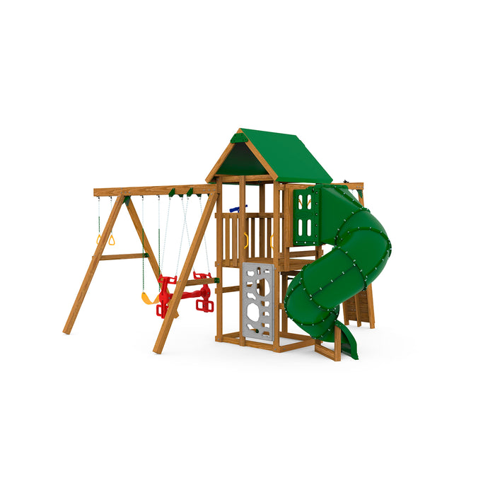 Rear view of Playstar Plateau Gold Playset with spiral green slide, tower deck, and swing beam.