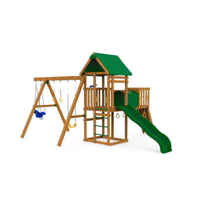 Rear angle of Playstar Plateau Silver Playset showing spiral slide, fort, and dual swings.