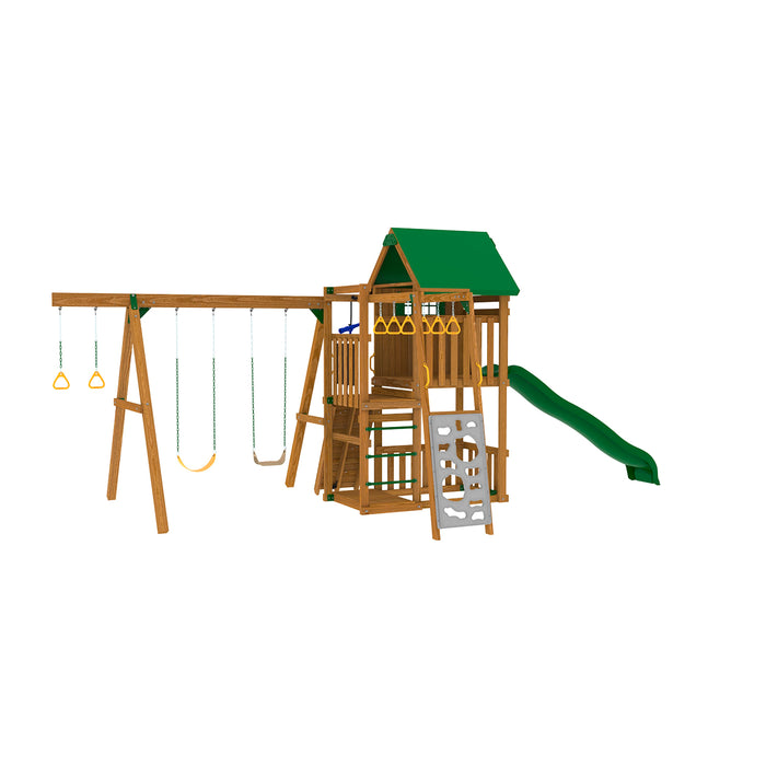 Rear view of Playstar Summit Silver wooden playset showing slide, swings, and climbing ladder for backyard fun.