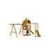 Playstar Contender Bronze backyard wooden playset featuring yellow slide, two swings, and elevated playhouse deck for kids’ outdoor adventures.