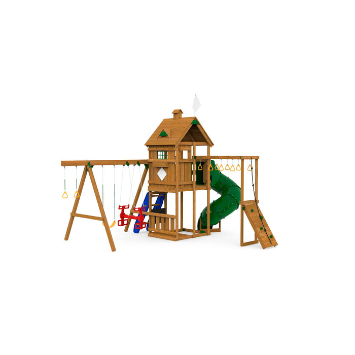 Wooden Playstar Contender Gold playset featuring green spiral tube slide, two swings, climbing wall, and elevated fort with roof for active backyard play.