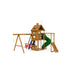 Wooden Playstar Contender Gold playset featuring green spiral tube slide, two swings, climbing wall, and elevated fort with roof for active backyard play.