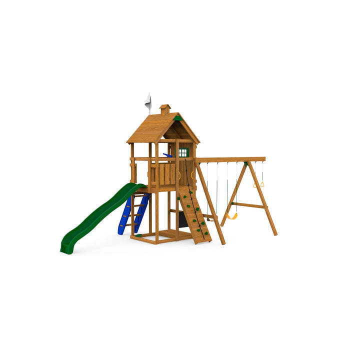 Rear view of Playstar Legacy Bronze backyard playset showcasing wave slide, ladder, and double swing design