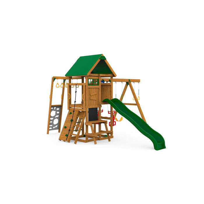 Playstar Highland Silver wooden swing set with slide, clubhouse, and multiple play activities