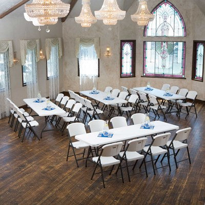 Elegant event space arranged with Lifetime folding tables and chairs, perfect for weddings, receptions, conferences and large gatherings