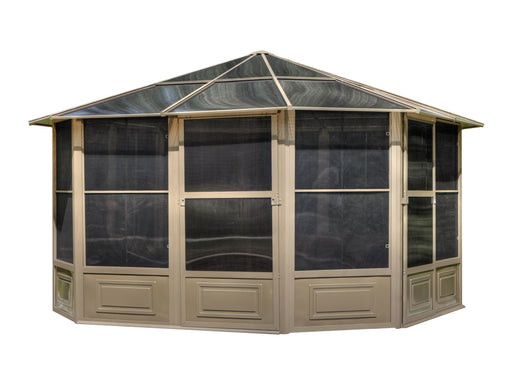 Full view of the 12x12 gazebo Florence Freestanding Solarium with sand polycarbonate roof, displaying the entire structure set against a plain background.