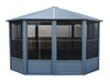 The full structure of a Florence 12x12 gazebo freestanding solarium with a slate-colored metal roof, showcasing the octagonal design and screened windows on a clear day.