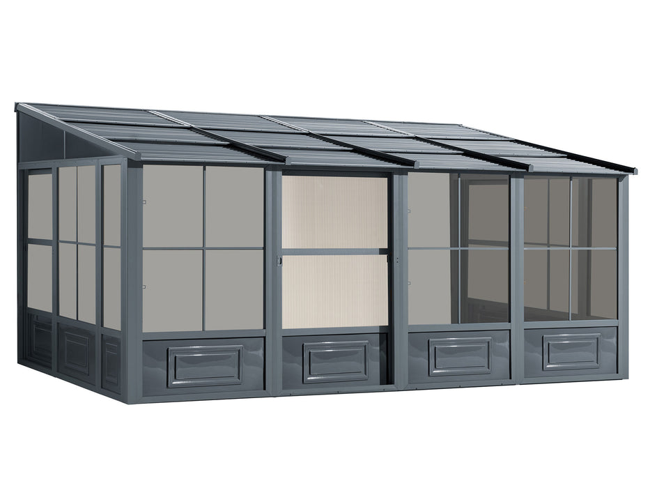 Full view of the 10x16 Gazebo Florence Wall mounted Solarium with slate metal roof, displaying the entire structure set against a plain background.