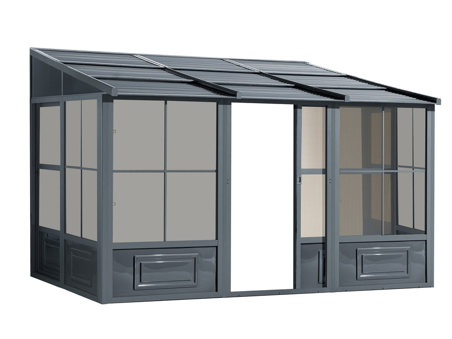 8x12 gazebo Florence Wall mounted Solarium with slate metal roof, displaying the entire structure set against a plain background.