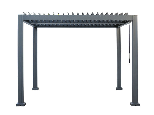 A Vikos Aluminum Stand Alone Pergola made of aluminum, featuring a minimalist design with a grey finish. The pergola has a louvered roof, which is adjustable to control sunlight and air flow, and a manual crank on one side.