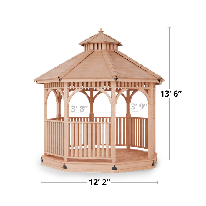 Dimension diagram of the Outdoor Living Today Bayside 10-foot octagon gazebo showing height of 13’6” and overall width and railing measurements