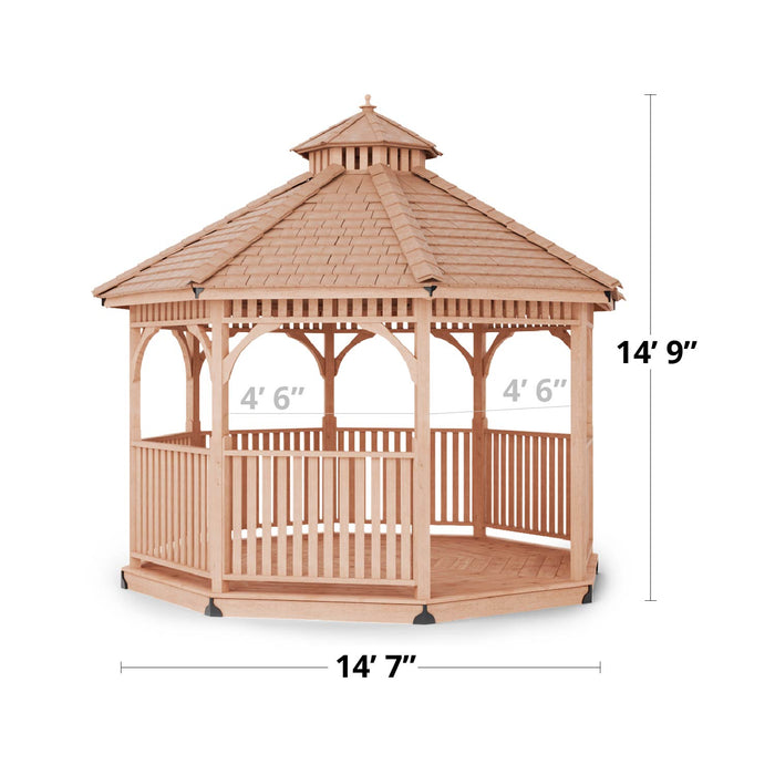 Dimension diagram of the Outdoor Living Today Bayside 12-foot octagon gazebo showing height of 14’9” and full structure width measurements