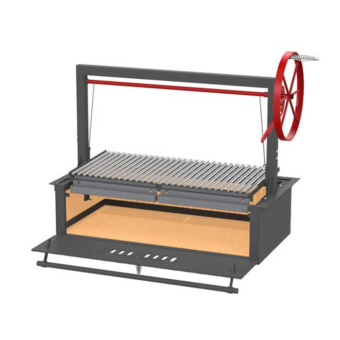 Cutaway angled view of the Santa Maria 48-inch BBQ grill showing the spacious firebox with refractory brick lining and drop-down front panel.