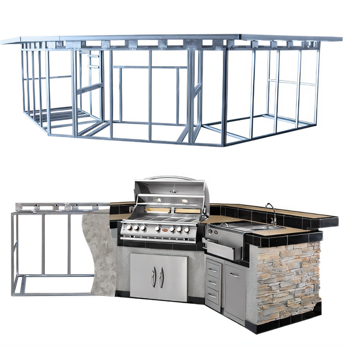 Metal frame structure and finished Cal Flame Laguna Pavilion BBQ kitchen island with grill and storage