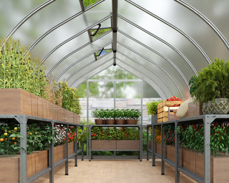 Interior showing the bell-shaped design frame of the Canopia Bella 8' x 24' Greenhouse