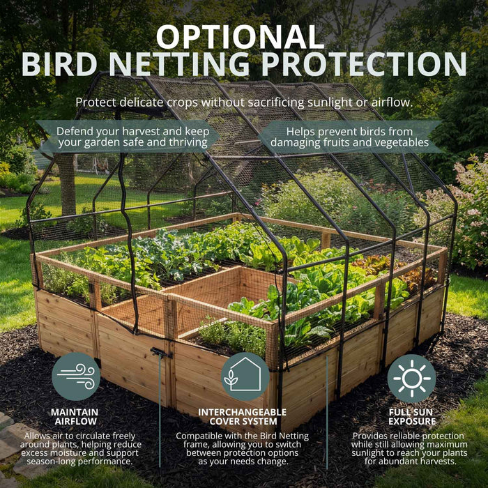 8x8 Cedar garden bed with optional bird netting protection details and benefits