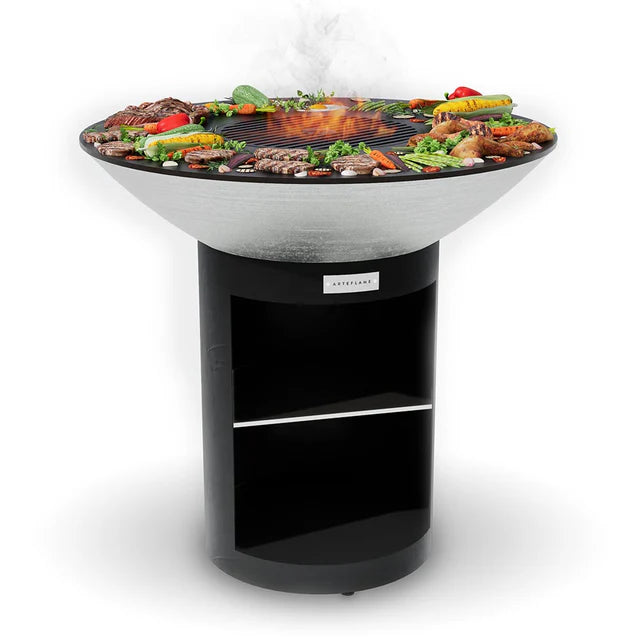 Arteflame 40 inch Platinum Series Grill with Classic Storage Base in black, showcasing grilled meats and vegetables