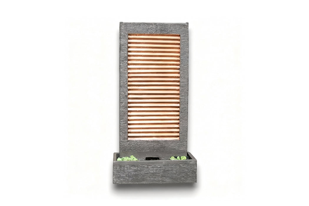 Black framed outdoor wall fountain with copper horizontal panel and lower water basin, isolated on white background.