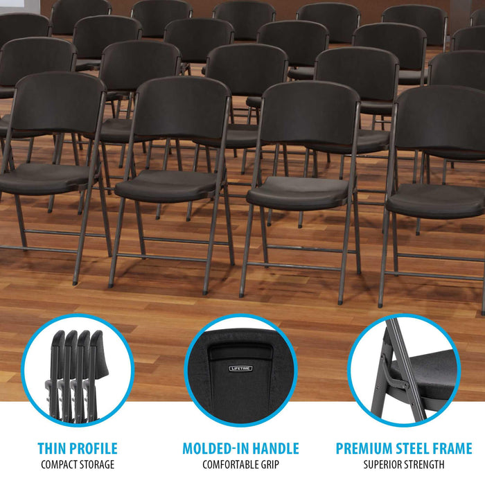 Rows of Lifetime 4-Pack Classic Folding Chairs in black arranged for conference or event seating