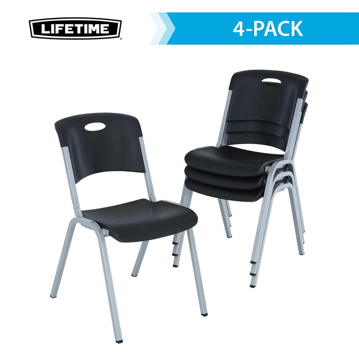 Set of four black stacking chairs with silver steel frame from the Lifetime 4 Pack Stacking Chair collection.
