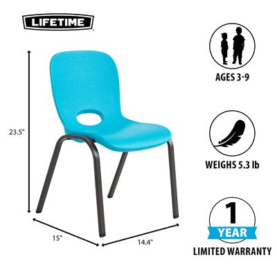 Blue Lifetime kids classroom chair with 23.5 inch height, lightweight design for ages 3 to 9, durable plastic seat and sturdy metal frame