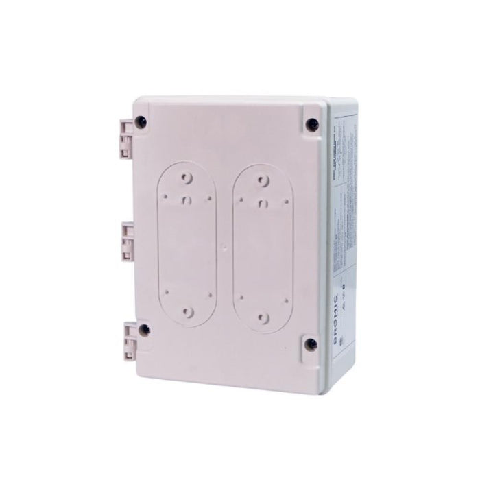 Angled view of Bromic Affinity Smart-Heat On-Off controller showing weather-sealed enclosure and mounting design for outdoor heating systems