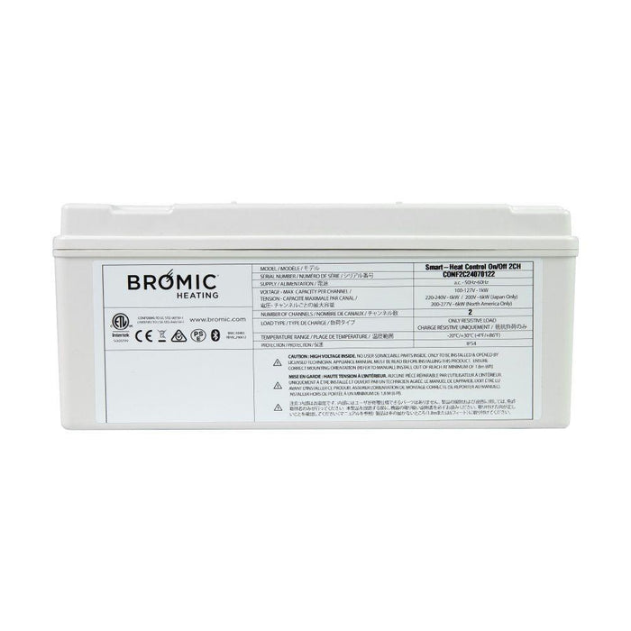 Front view of Bromic Affinity Smart-Heat On-Off controller with product label, electrical ratings, and model information