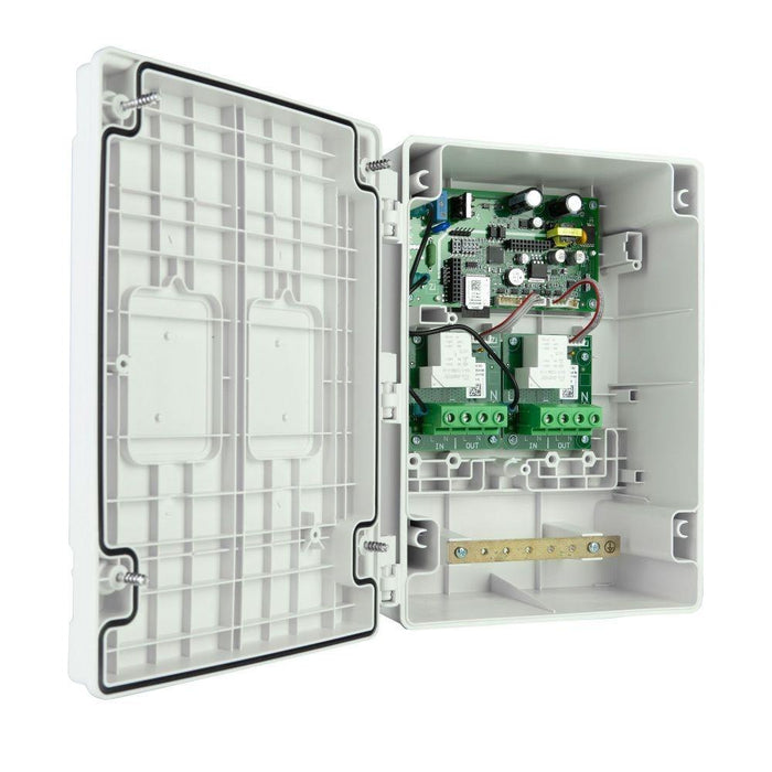 Open view of Bromic Affinity Smart-Heat On-Off controller showing internal wiring terminals, relays, and control board inside weather-sealed enclosure