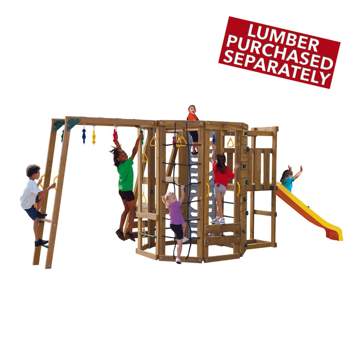 Kids climbing and playing on Playstar Ninja Power Tower Bronze with slide and monkey bars