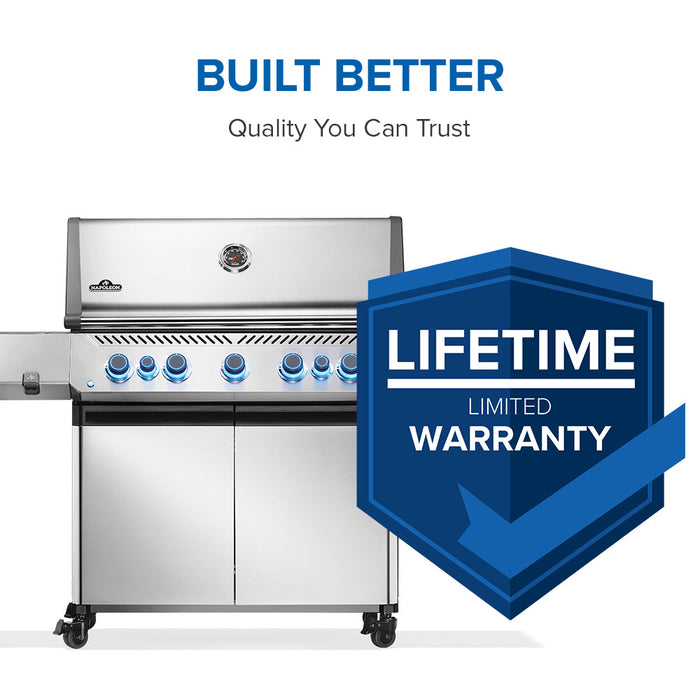 Napoleon Grills Prestige® 665 RSIB with lifetime limited warranty badge and built better tagline