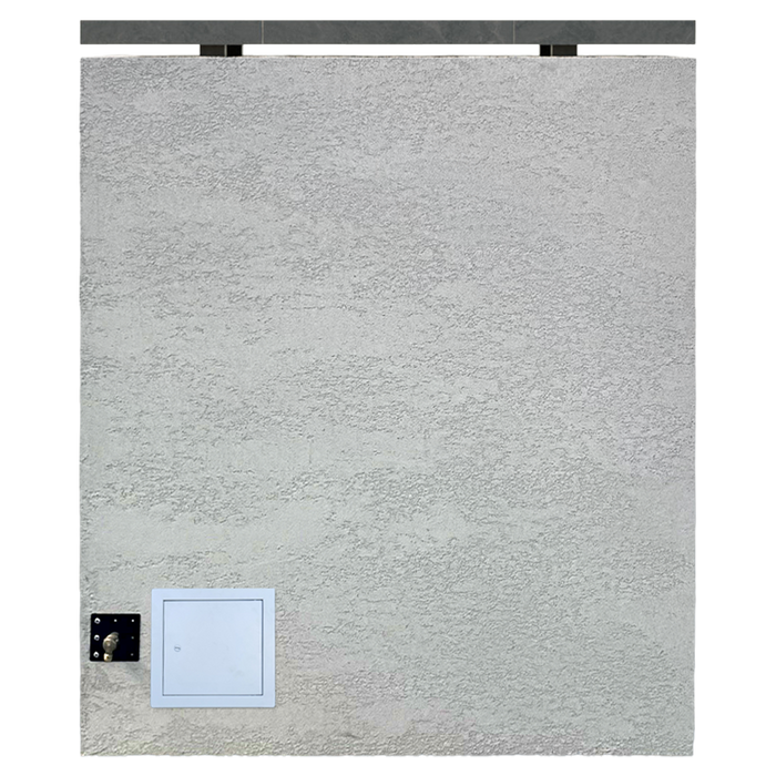 Back panel view of Cal Flame Cabo outdoor fireplace Patio Series featuring stucco finish and access panel.