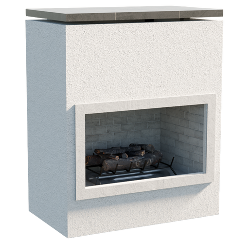 Front view of Cabo outdoor fireplace with stucco body by Cal Flame, trim frame, and firebox interior.