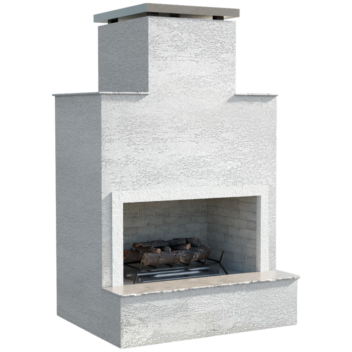 Angled front view of the Cal Flame Escape Fireplace Cancun unit with stucco exterior and tile top.
