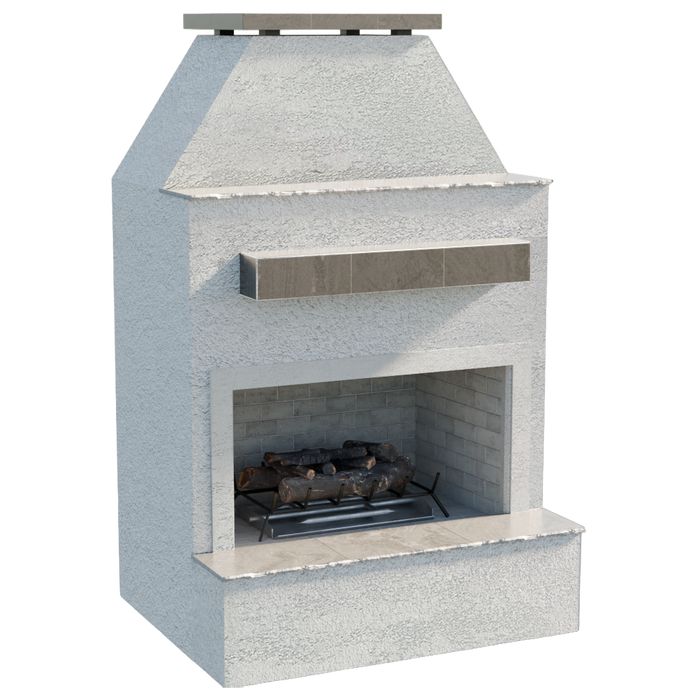 Front view of the Durango fireplace from the Cal Flame Platinum Series showing stucco and tile accents.