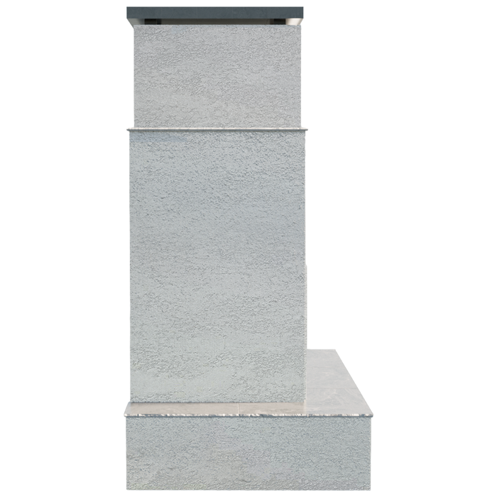 Side view of the Cal Flame Escape Fireplace Tahiti model showing stucco finish and trim.