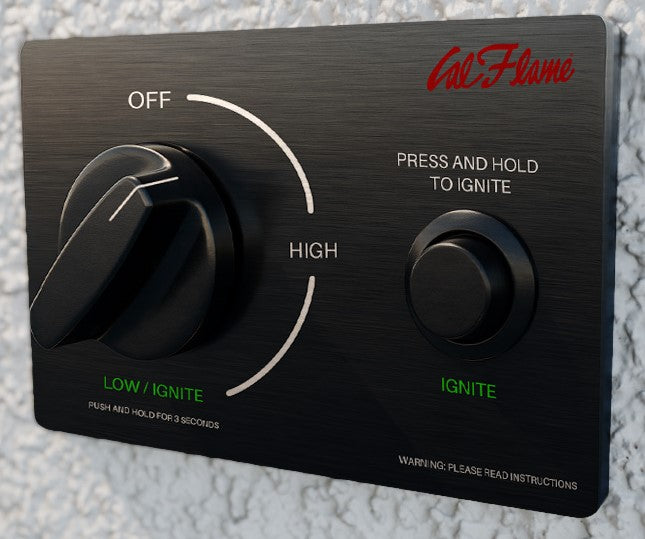 Close-up of Cal Flame fireplace ignition control panel mounted on stucco surface.