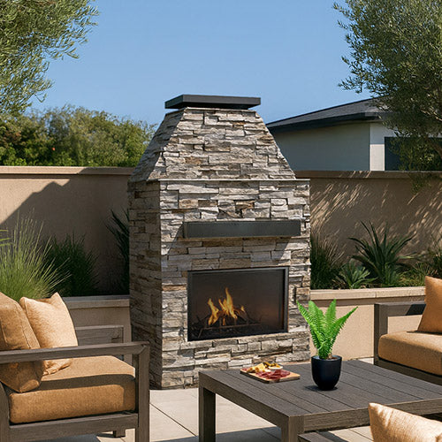 Cal Flame Laredo outdoor fireplace with stone veneer and screen enclosure placed in a landscaped patio.