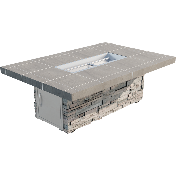 Rectangular Cal Flame Mojave 72-inch fire pit with tile top and stacked stone base shown without flame