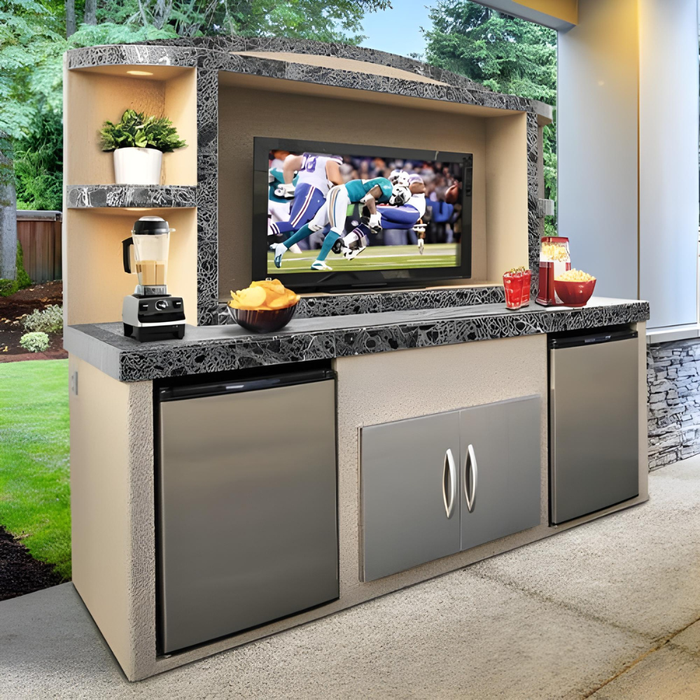 Outdoor entertainment center with stone countertop, storage, and TV area from Cal Flame ODC-1.