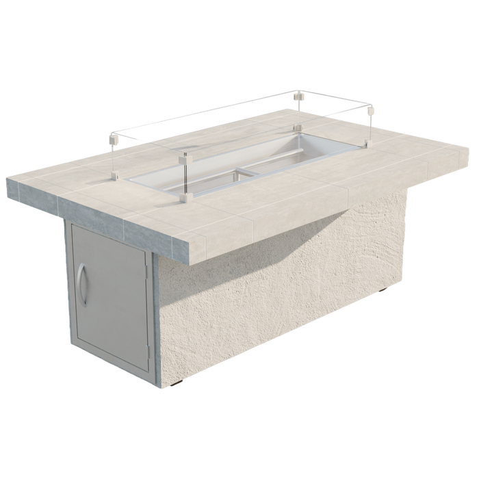 Cal Flame Phoenix 48-inch fire pit displayed isolated with installed glass wind guard and tile surface.