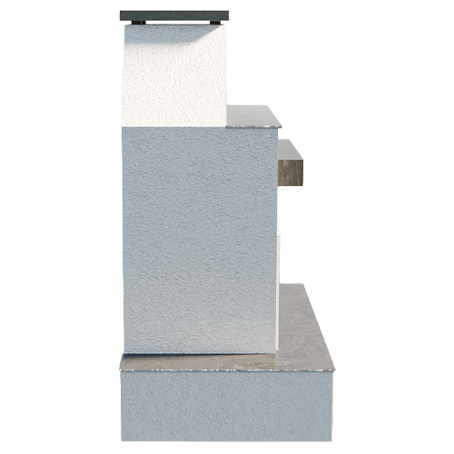 Side view of Cal Flame Platinum Key West fireplace showing stucco finish and tile trim.