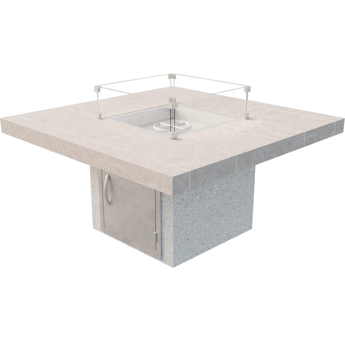 Square Sedona 48-inch Cal Flame fire pit with glass wind guard shown on white background.