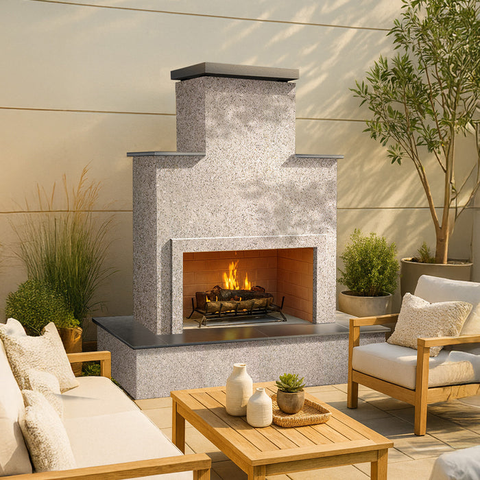 Cal Flame Escape Fireplace Tahiti model in an outdoor patio setup with burning fire and seating.