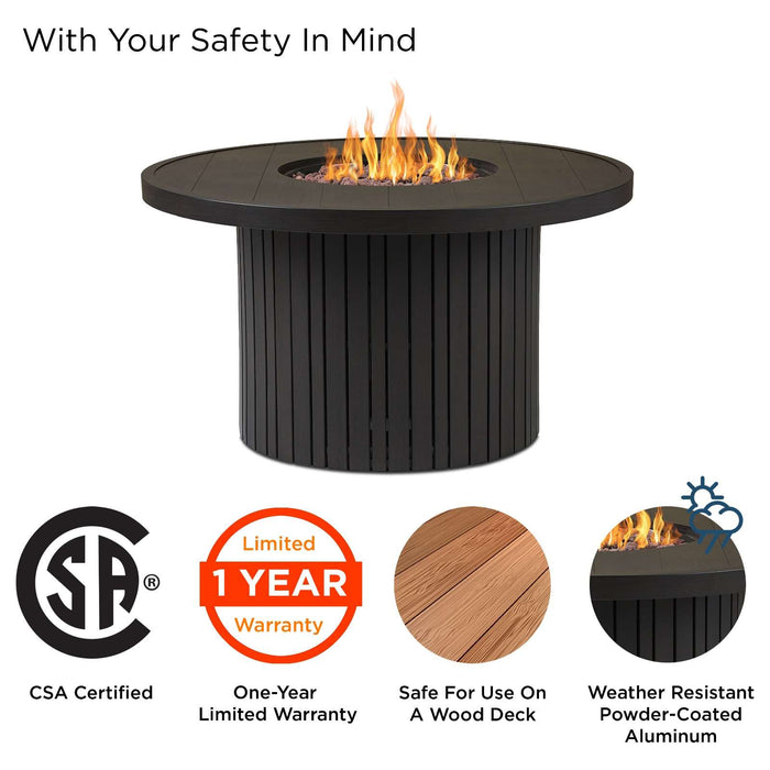 Real Flame Calvin fire pit table safety infographic showing CSA certification, 1-year warranty, wood deck safe use, and weather-resistant powder-coated aluminum construction